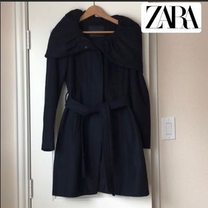 Zara Navy Blue Wool Blend Coat Oversized Hood XS